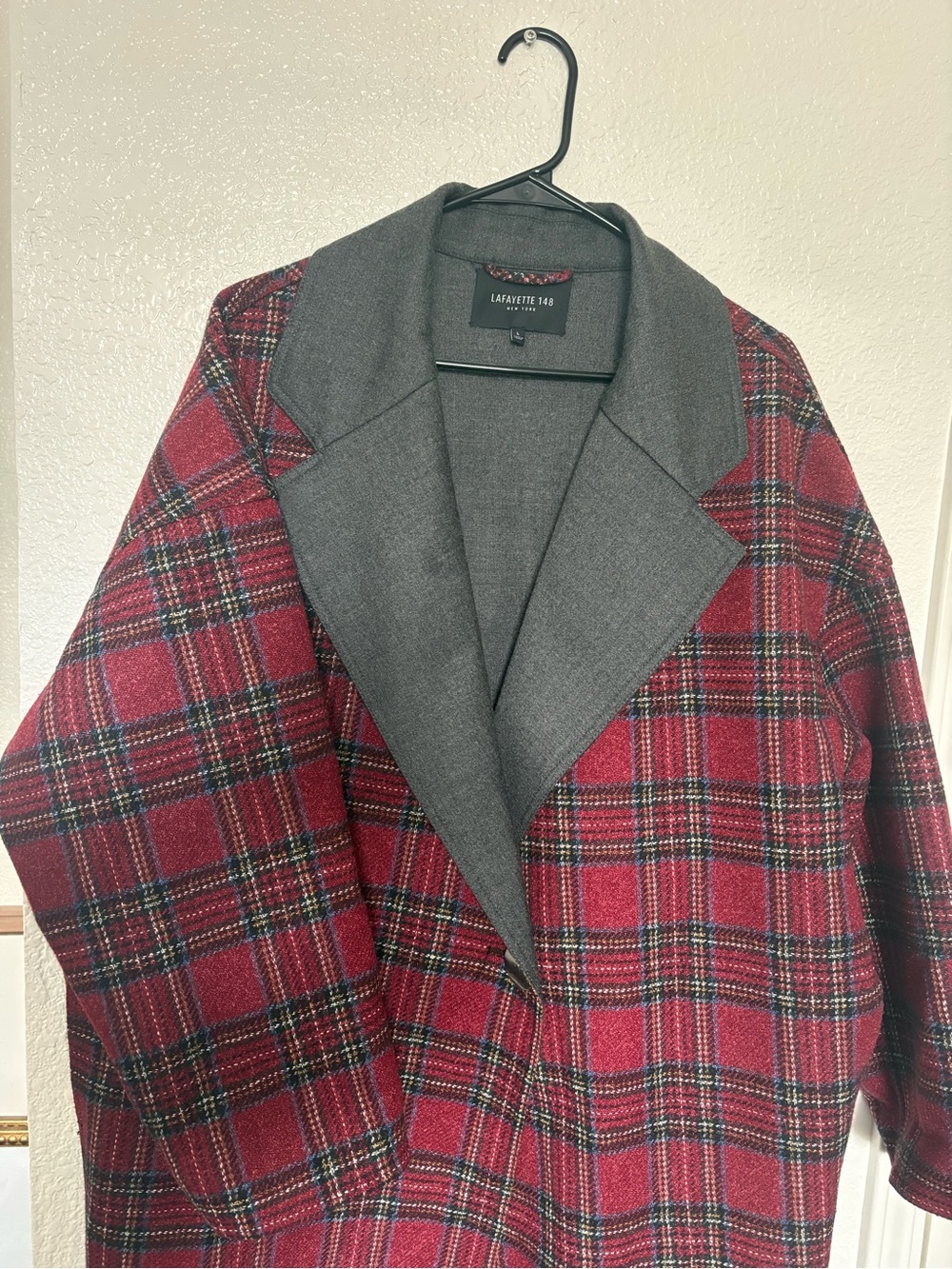 Lafayette 148 New York Red Plaid Pea Coat with Charcoal Lapel